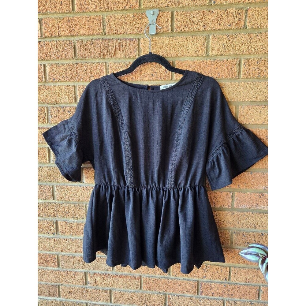 Grace Karin Boho Crochet Lace Accent Peplum Blouse - Size Small
